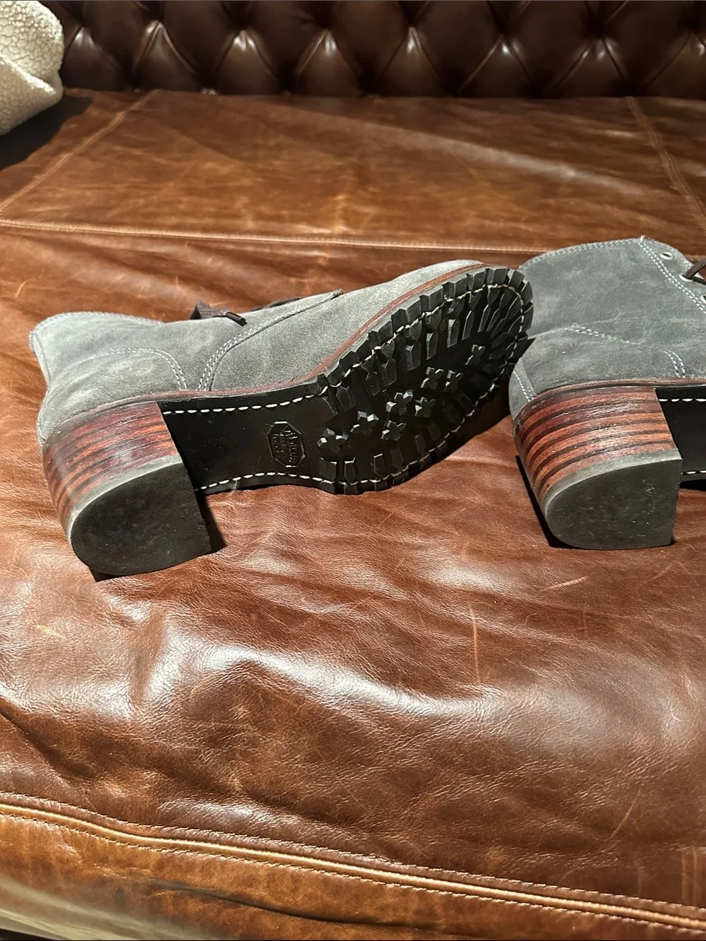 Frye Blue Gray Suede Lace-Up Ankle Boots with Yellow Interior.